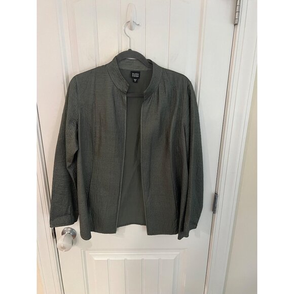 Eileen Fisher Womens Quilted Silk Tussah Open Front Green‎ Jacket Sz M - Picture 1 of 5